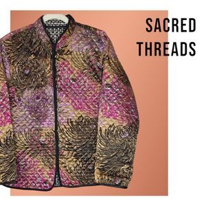 Y2K Boho Chic Sacred Threads Floral Quilted Satin Reversible Jacket Size Medium